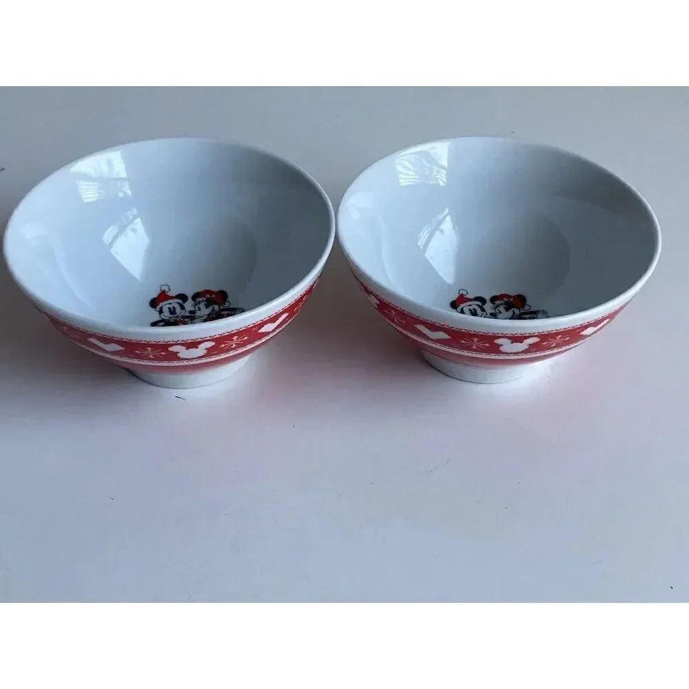 Set Of 2 Disney Mickey And Minnie Mouse Christmas Ceramic Cereal‎ Ramen Bowl NEW